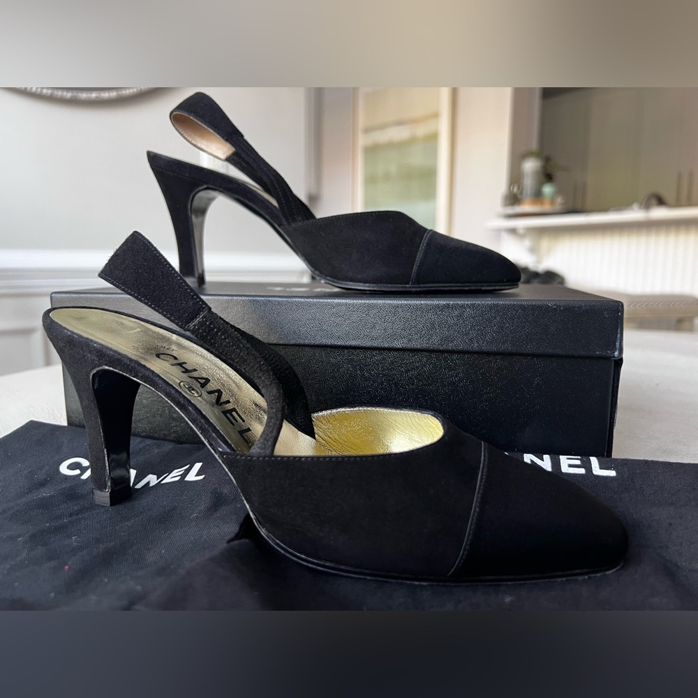 CHANEL Vintage Black Suede‎ & Satin Cap Toe Slingback Pumps – Size 36 - Picture 4 of 9